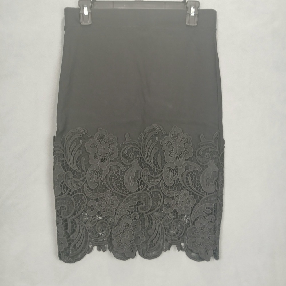 Haute Monde Pencil Skirt Womens Medium Black Floral Crochet Lace Trim Preppy